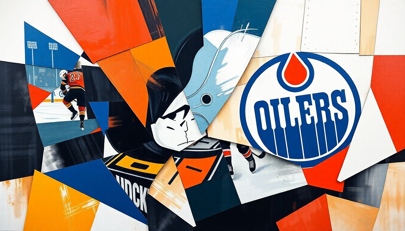 A fractured, cubist-style painting depicting a hockey game or match, with sharp, overlapping geometric planes in the primary colors of the Anaheim Ducks and Edmonton Oilers, capturing the dynamic energy and competition of the Pacific Division race.