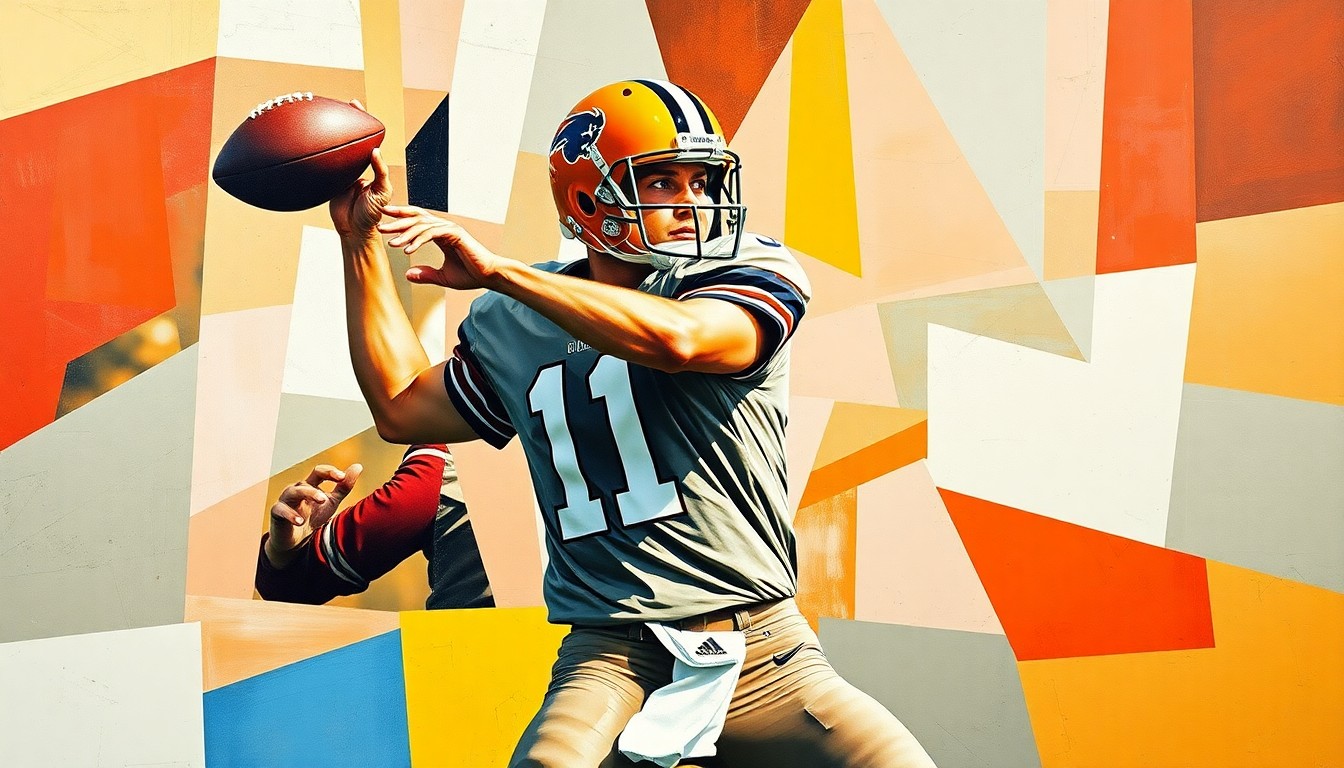 A fragmented, geometric painting depicting the various angles and planes of a quarterback's throwing motion, conveying the multi-faceted nature of the position through Picasso's cubist style.