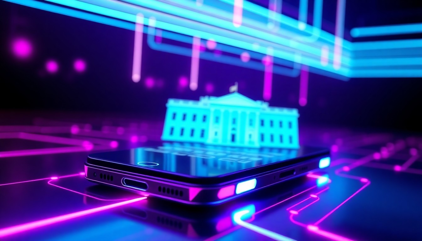 A highly detailed, glowing 3D illustration of a futuristic, neon-lit smartphone or mobile device, representing the advanced technology and digital infrastructure behind the White House's new app. The device is illuminated by vibrant cyan and magenta lights, creating a sense of high-tech innovation and connectivity.