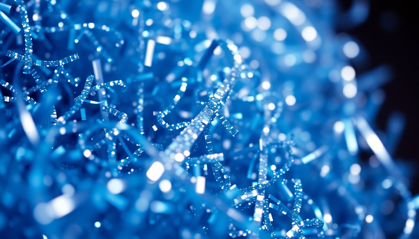 An extreme close-up photograph of shimmering, glittering blue and silver confetti or streamers, capturing the vibrant energy and visual spectacle of the 311 and Blue Man Group collaboration.