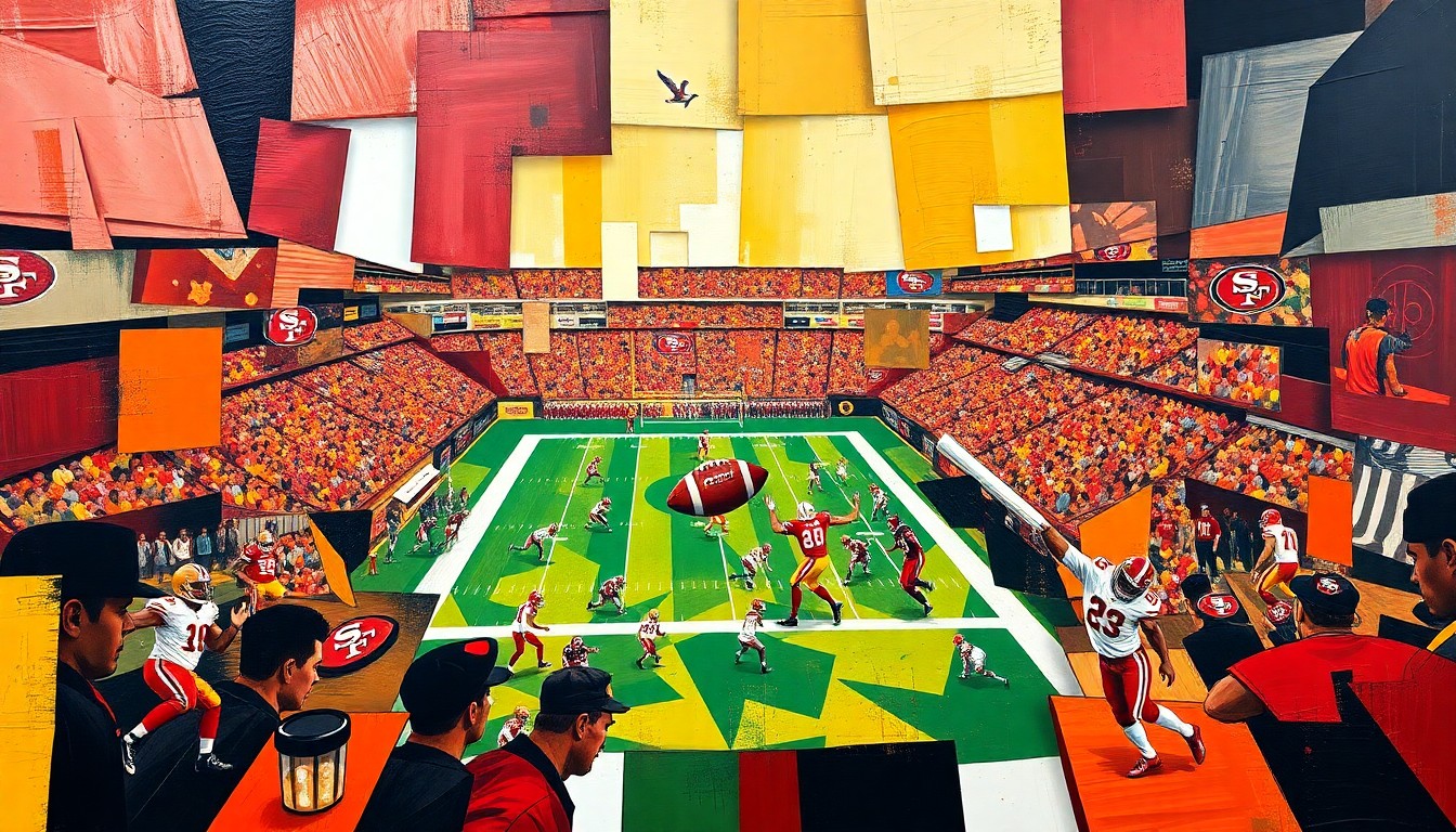 A fragmented, cubist-style painting depicting a 49ers football game, with sharp geometric shapes and planes in the team's colors of scarlet red, gold, and black, conceptually representing the team's strategic focus on targeted roster reinforcement over compensatory pick accumulation.