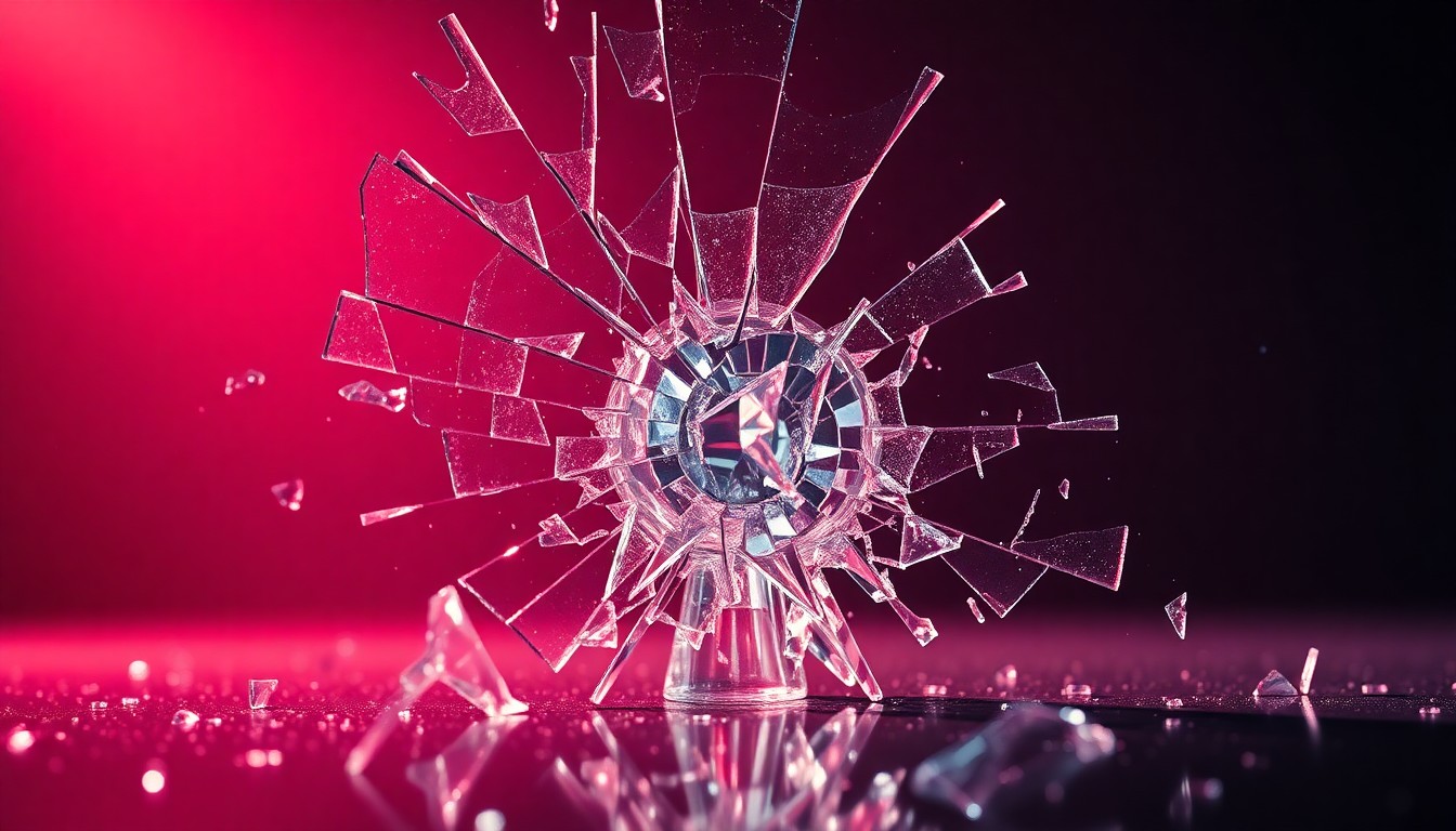 An extreme close-up of shattered glass reflecting dramatic studio lighting, conceptually representing the turbulent end of a celebrity relationship.
