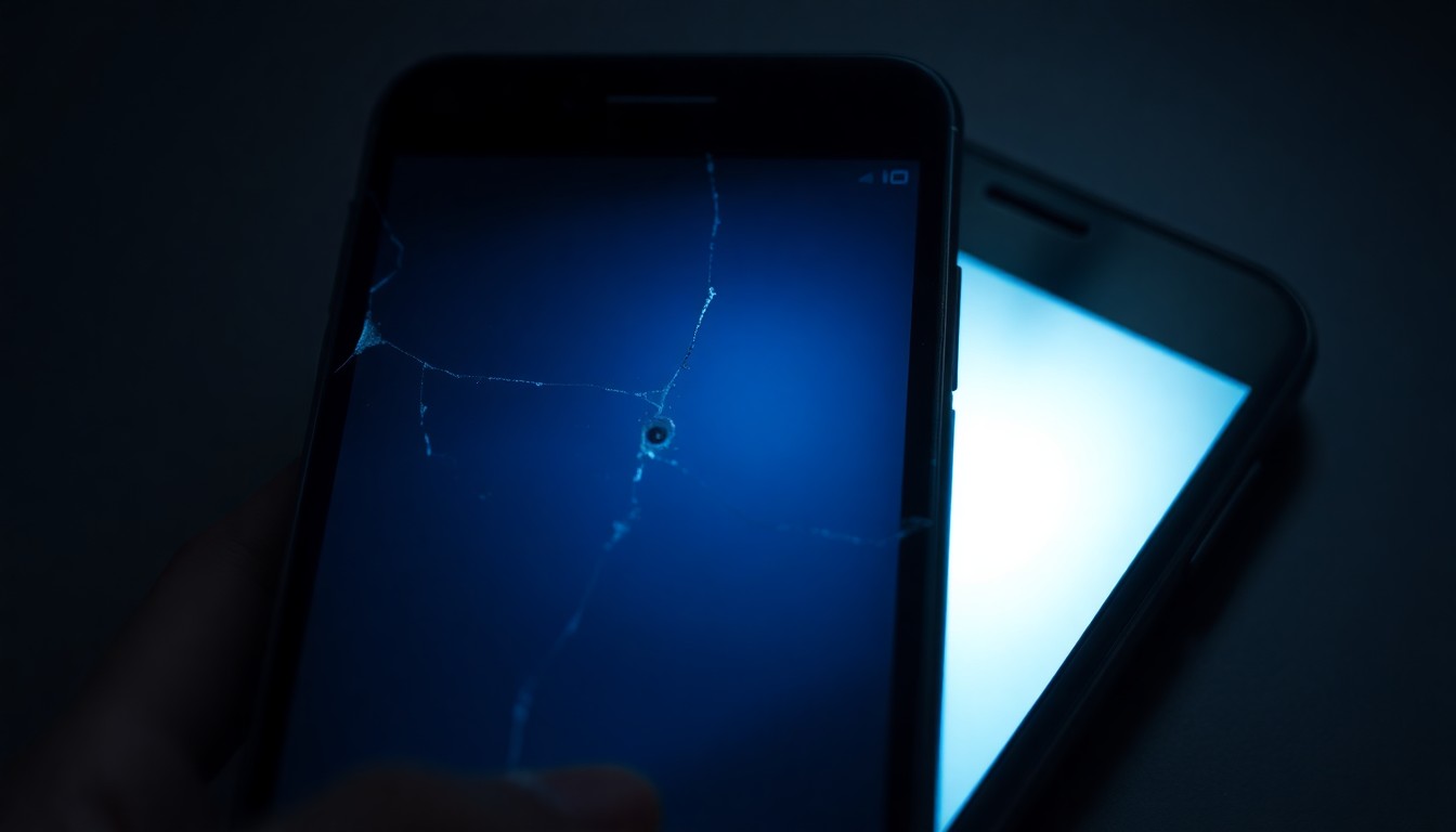 An extreme close-up of a cracked, worn smartphone screen reflecting a faint blue light, conceptually representing the mystery and urgency of a missing person case.
