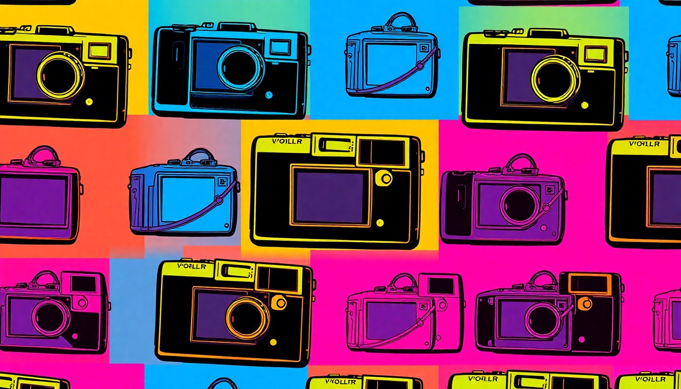 A brightly colored, high-contrast silkscreen print of a vintage digital camera repeated in a tight grid pattern, conceptually representing how once-luxurious tech gadgets have become outdated.