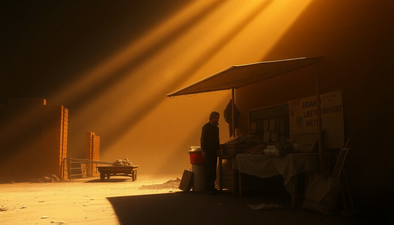 A serene, photorealistic painting of an empty market stall, with warm sunlight casting long shadows across the scene, conveying a sense of loss and tragedy following the deadly airstrike.