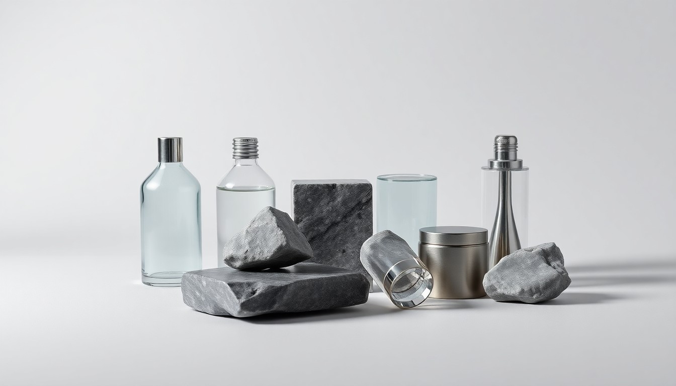 A high-end, photorealistic studio still-life photograph featuring a collection of premium, polished objects arranged elegantly on a clean, monochromatic background, representing the abstract concepts of corporate strategy, finance, risk, and markets during a time of transition.