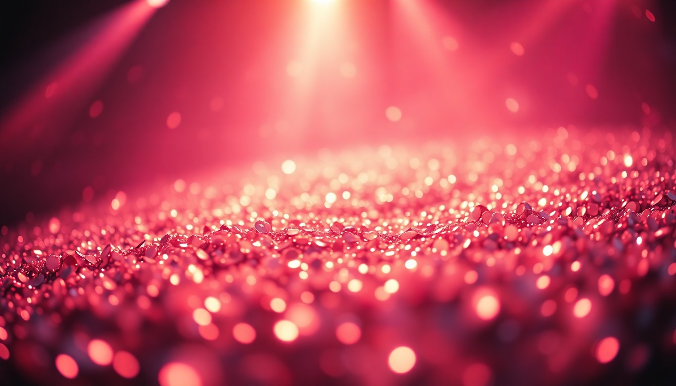 An extreme close-up of shimmering, glittering sequins in dramatic, high-contrast studio lighting, capturing the glamour and energy of a music festival performance.