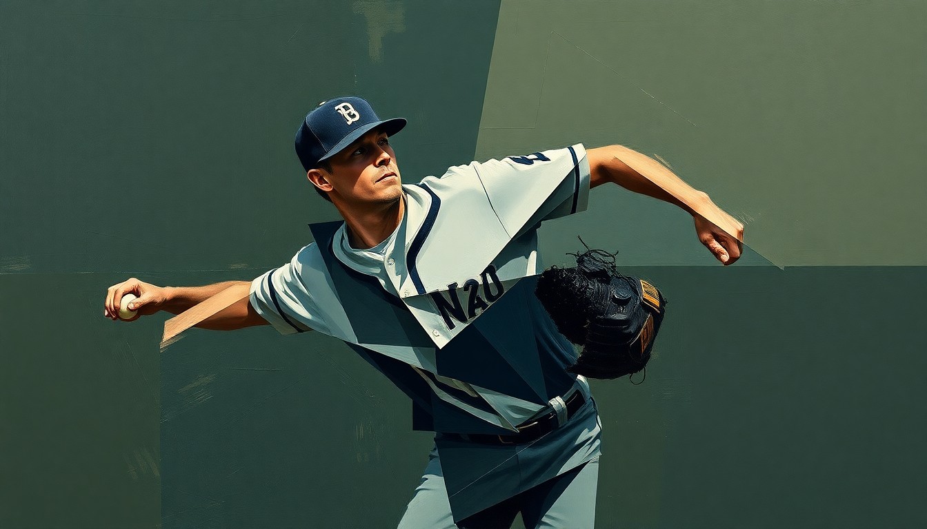 A cubist-style painting featuring sharp, overlapping geometric shapes in muted tones of navy, slate, and olive green, representing the deconstructed motion of a baseball pitcher.