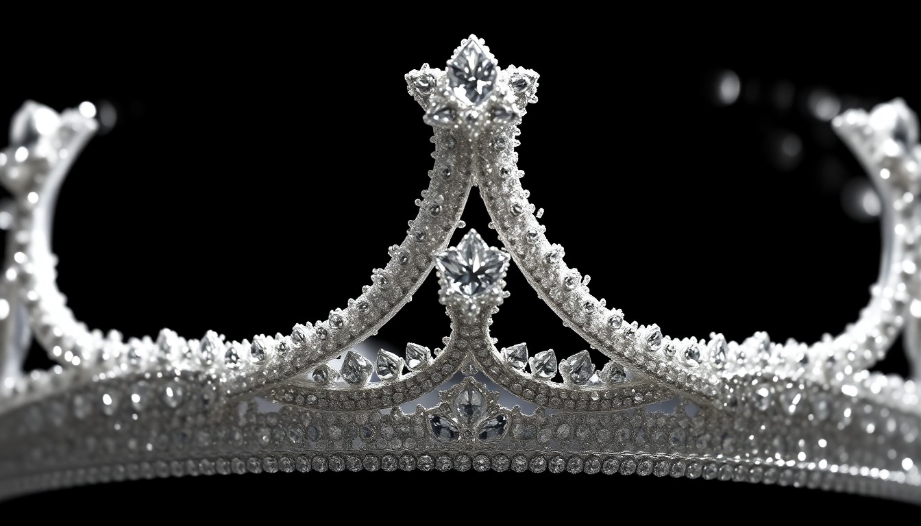 An extreme close-up photograph of a sparkling, glittering crown or tiara, capturing the luxurious textures and glamour of pageant culture in dramatic high-contrast studio lighting.