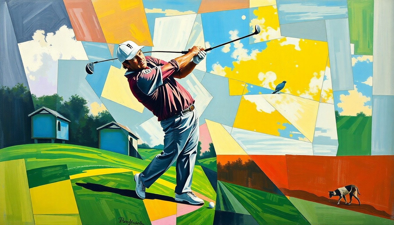 A cubist-style painting depicting a golfer's swing broken down into sharp, overlapping geometric shapes, conceptually representing the fragmented nature of a missed cut and the opportunity for a comeback.