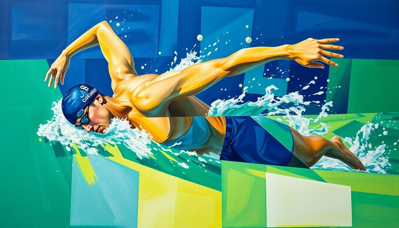 A fragmented, geometric painting depicting a swimmer performing the breaststroke, with sharp, overlapping planes of navy blue, emerald green, and golden yellow, capturing the dynamic energy of the sport.