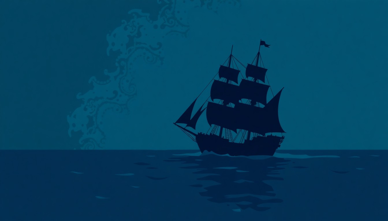 A minimalist, graphic illustration depicting the silhouette of a pirate ship sailing across a deep blue ocean, with the bayou setting of the Blue Bayou restaurant hinted at in the background through abstract, jagged shapes in muted tones of teal, navy, and crimson.