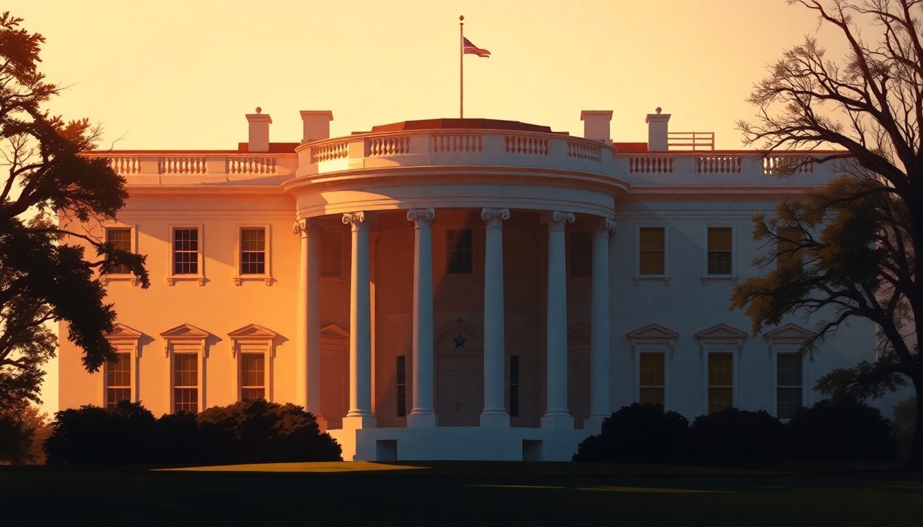 A cinematic painting of the White House's south facade in warm, golden light, with the outline of a partially constructed ballroom addition visible in the background, conceptually illustrating the legal battle over the project's impact on national security and historical preservation.