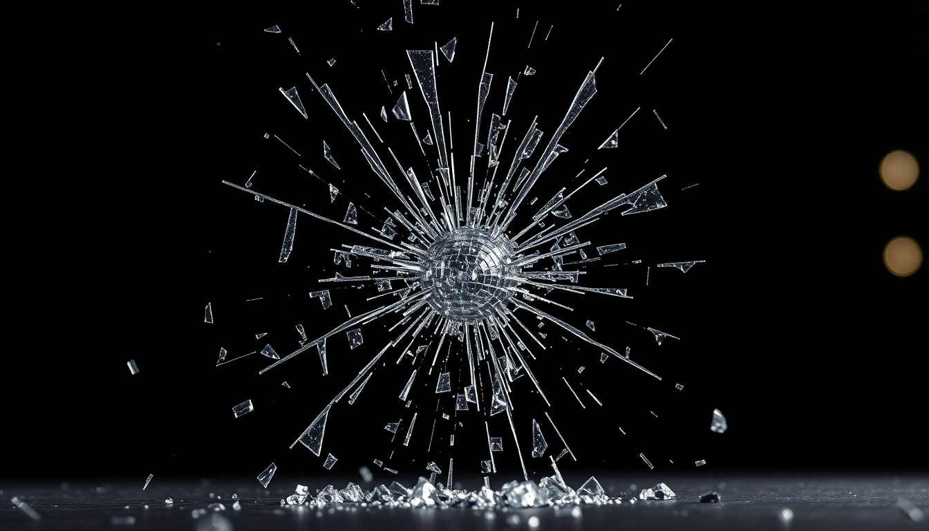 An extreme close-up of shattered glass reflecting dramatic studio lighting, conceptually representing the divisive reaction to Justin Bieber's Coachella performance.