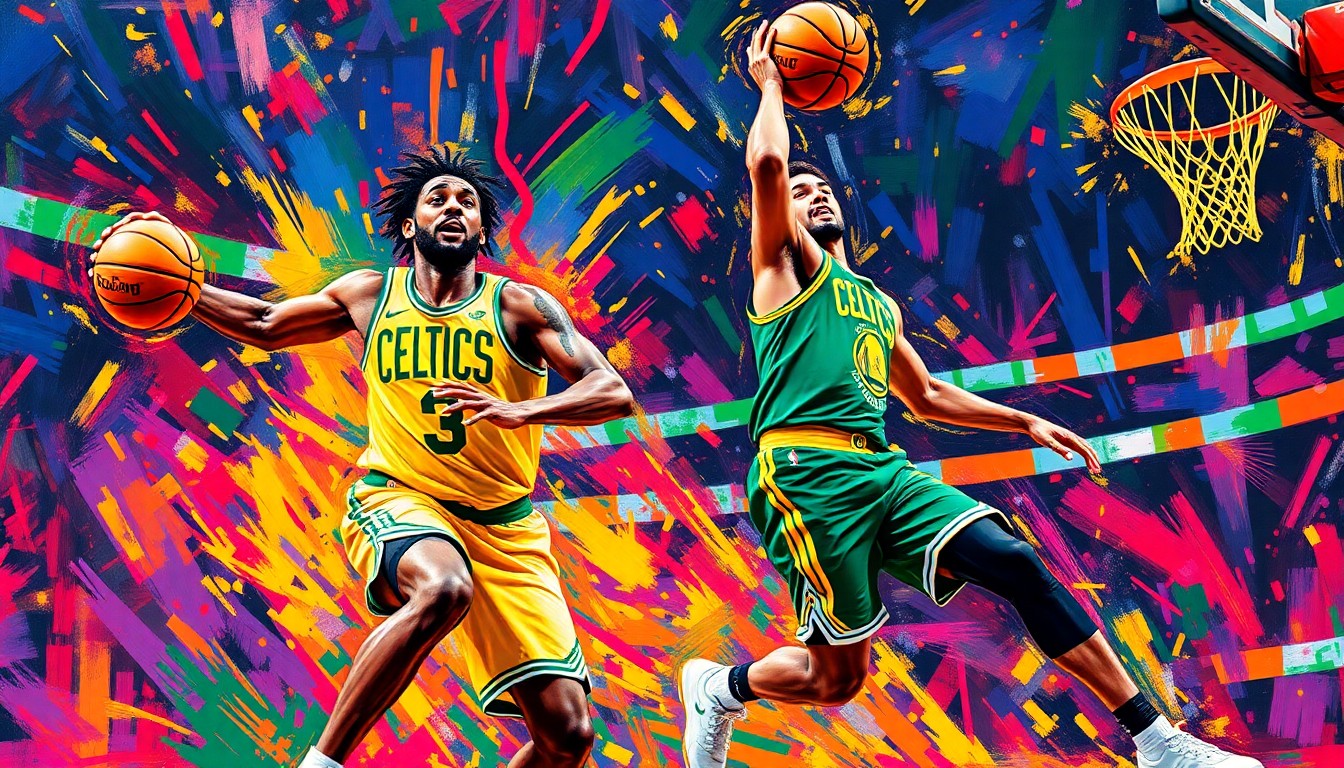 An abstract, energetic painting featuring bold, neon-colored brushstrokes that capture the dynamic movements and scoring plays of basketball players on a court, conceptually representing the Celtics' dominant performance over the Warriors.