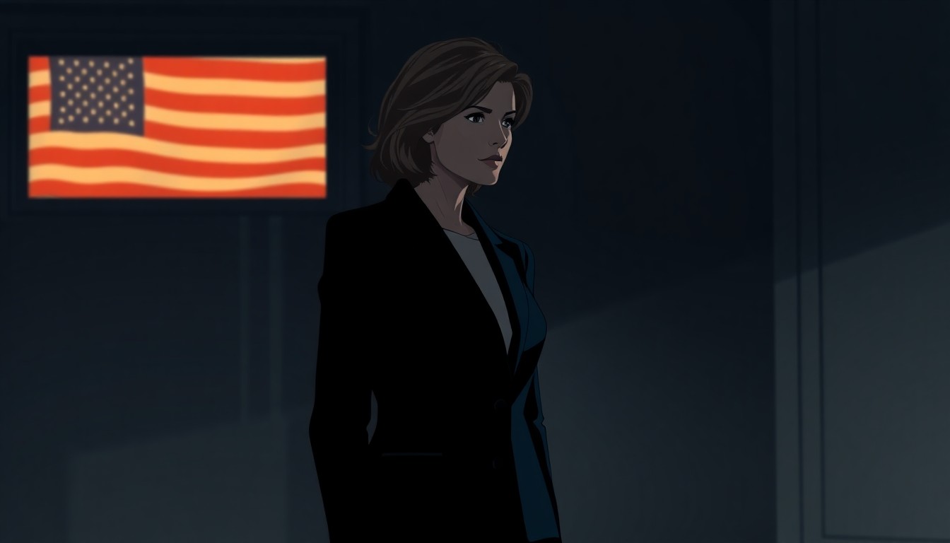 A solitary, pensive figure of a woman in a dark suit, standing alone in a dimly lit government office, with a faint reflection of the American flag visible in the window behind her. The muted colors and warm, diagonal lighting create a cinematic, nostalgic mood, reflecting the complex personal and professional challenges faced by political leaders.
