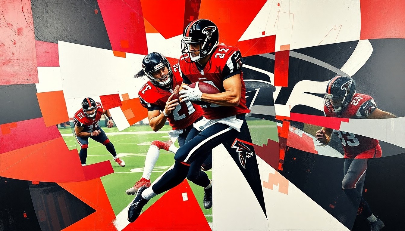A fragmented, geometric painting in the style of Pablo Picasso, depicting a football game or quarterback action broken down into sharp, overlapping planes of red, black, and white, reflecting the uncertainty surrounding the Falcons' quarterback situation.