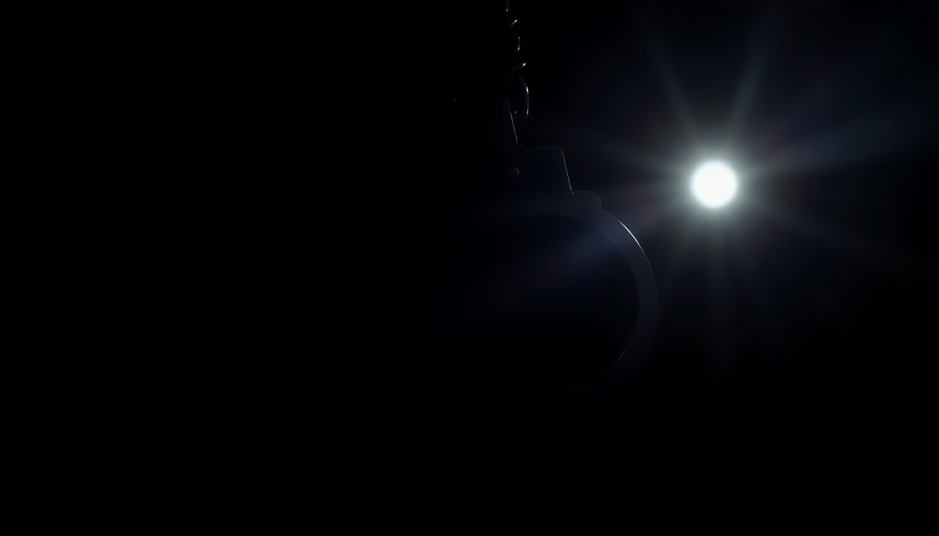 An extreme close-up photograph of a police badge or handcuffs lit by a harsh, direct camera flash against a pitch-black background, conceptually representing the investigative and disciplined nature of law enforcement training.