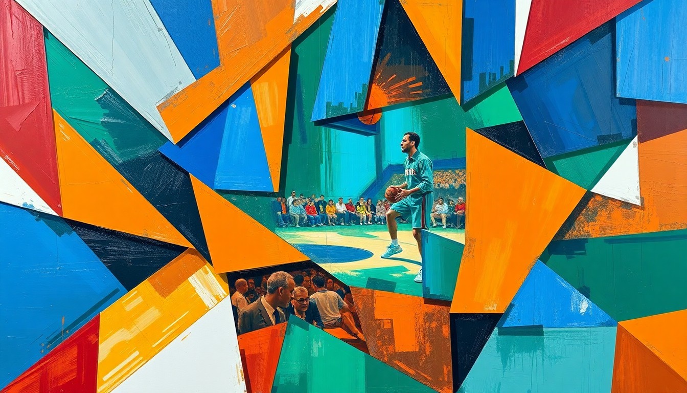A fractured, multi-perspective painting in vibrant colors that breaks down a basketball game or match into sharp, overlapping geometric planes, conceptually representing Madina Okot's journey to the WNBA Draft.