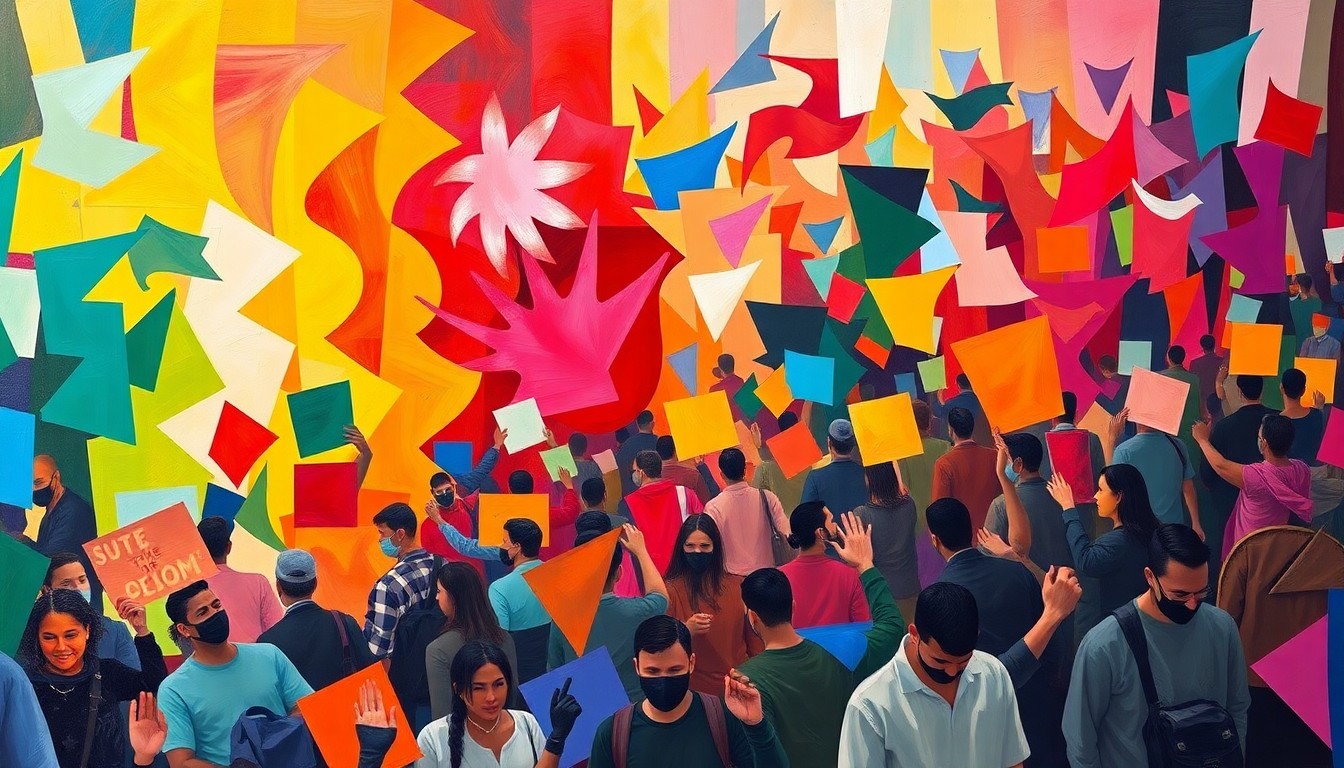 A dynamic, abstract painting with overlapping, fractured geometric shapes in vibrant colors, conceptually representing the chaotic and tense atmosphere of a political protest.