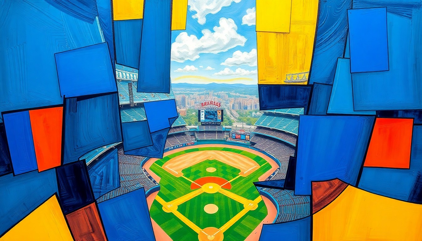 A fragmented, geometric painting depicting the outlines of a baseball stadium and surrounding cityscape, with sharp planes of royal blue, sunshine yellow, and brick red hues creating a dynamic, multi-perspective view.