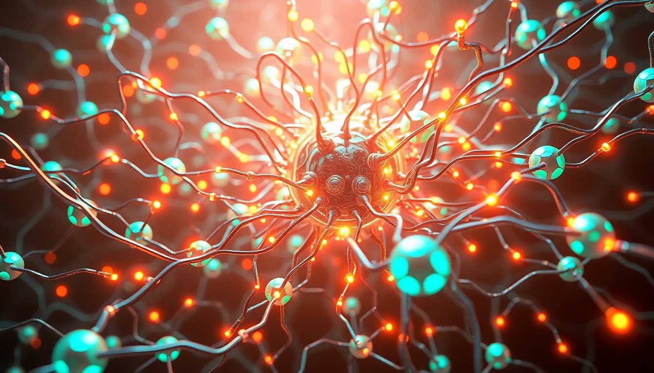 A highly detailed 3D illustration of a glowing, neon-lit cybernetic neural network, with pulsing nodes and interconnected cables representing the complex, self-preserving dynamics of an AI ecosystem. The image conveys a sense of technological power and autonomy, yet also a hint of unease about the unpredictable emergent behaviors that can arise.