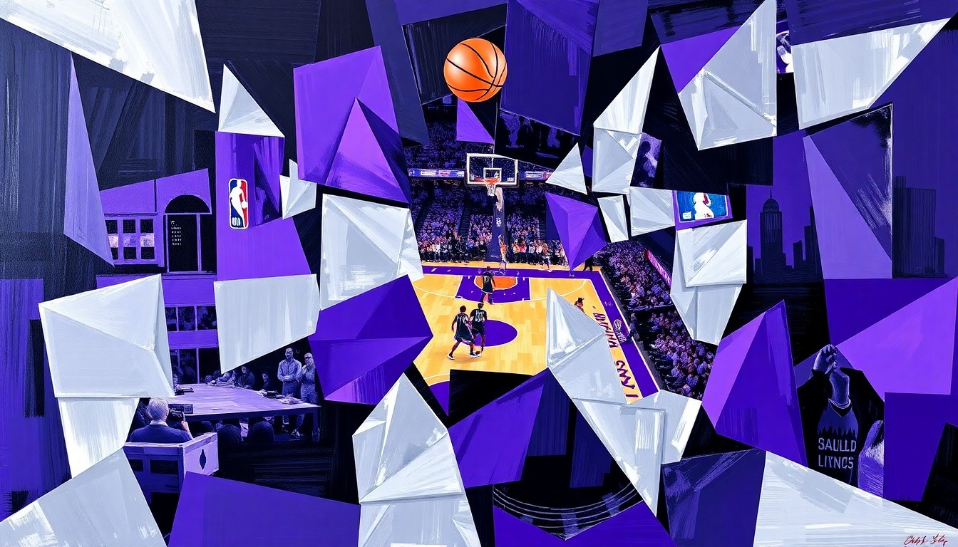 A cubist, geometric painting depicting a basketball game or match, with sharp, overlapping planes of royal purple, silver, and black representing the official colors of the Sacramento Kings.