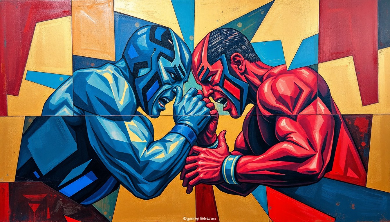 A cubist, geometric painting depicting a pro wrestling match, with overlapping planes of vibrant colors like blue, red, and gold, capturing the raw energy and movement of the sport.