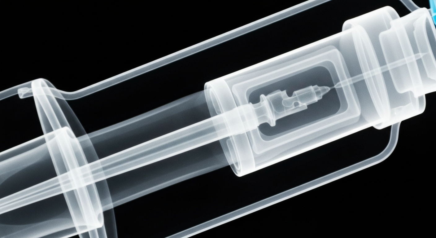 A translucent X-ray photograph revealing the ghostly internal structure of a medical device related to flu vaccination, conceptually illustrating the urgency of vaccination to protect public health.