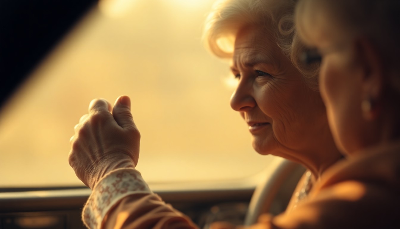 An extremely abstracted, out-of-focus photograph of an elderly woman's hands on a steering wheel, surrounded by a warm, hazy glow of light, conceptually representing the fading influence of the royal world and the universal nature of everyday challenges.