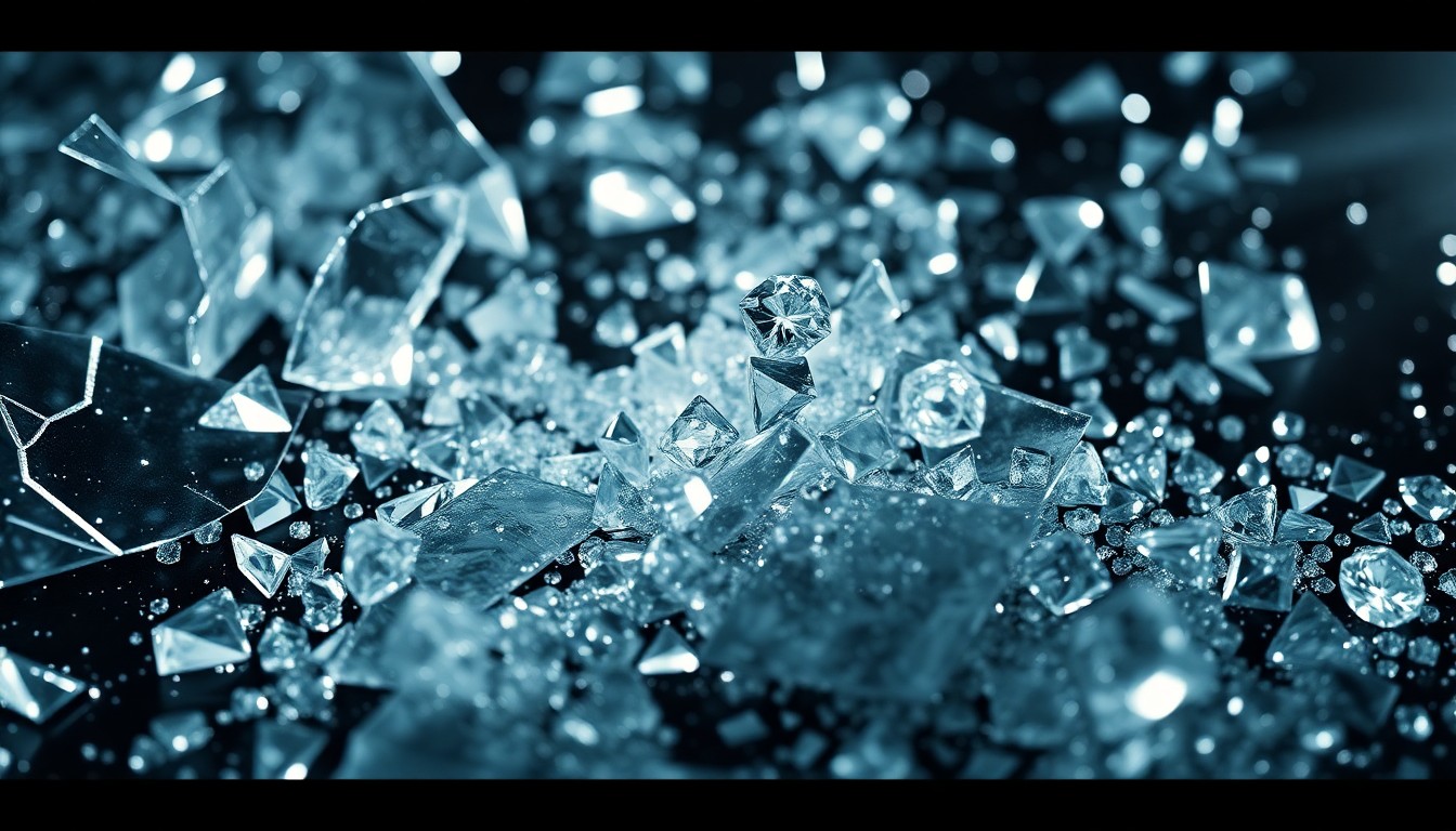 An abstract close-up image of shattered glass and glittering diamond fragments, captured in dramatic studio lighting to evoke the tension and glamour of a high-stakes jewel heist.