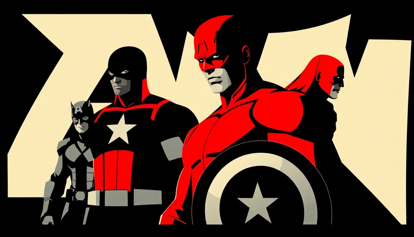 An abstract, minimalist illustration featuring bold, jagged shapes in red, yellow, and black, conceptually representing the iconic Daredevil character and his potential integration into the larger Avengers universe.