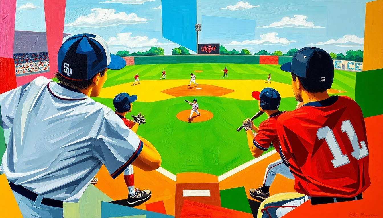 A cubist, geometric painting depicting the action and energy of a college softball game, with the players and field fragmented into overlapping planes of bright, clashing colors.