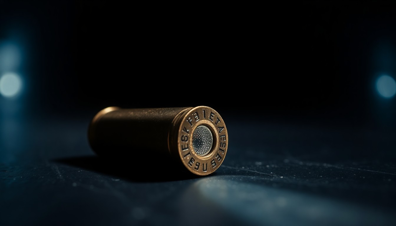 An extreme close-up of a shiny, metallic bullet casing on a dark surface, the harsh flash illuminating its textured surface and creating dramatic shadows, conceptually representing the stark evidence of a violent crime.