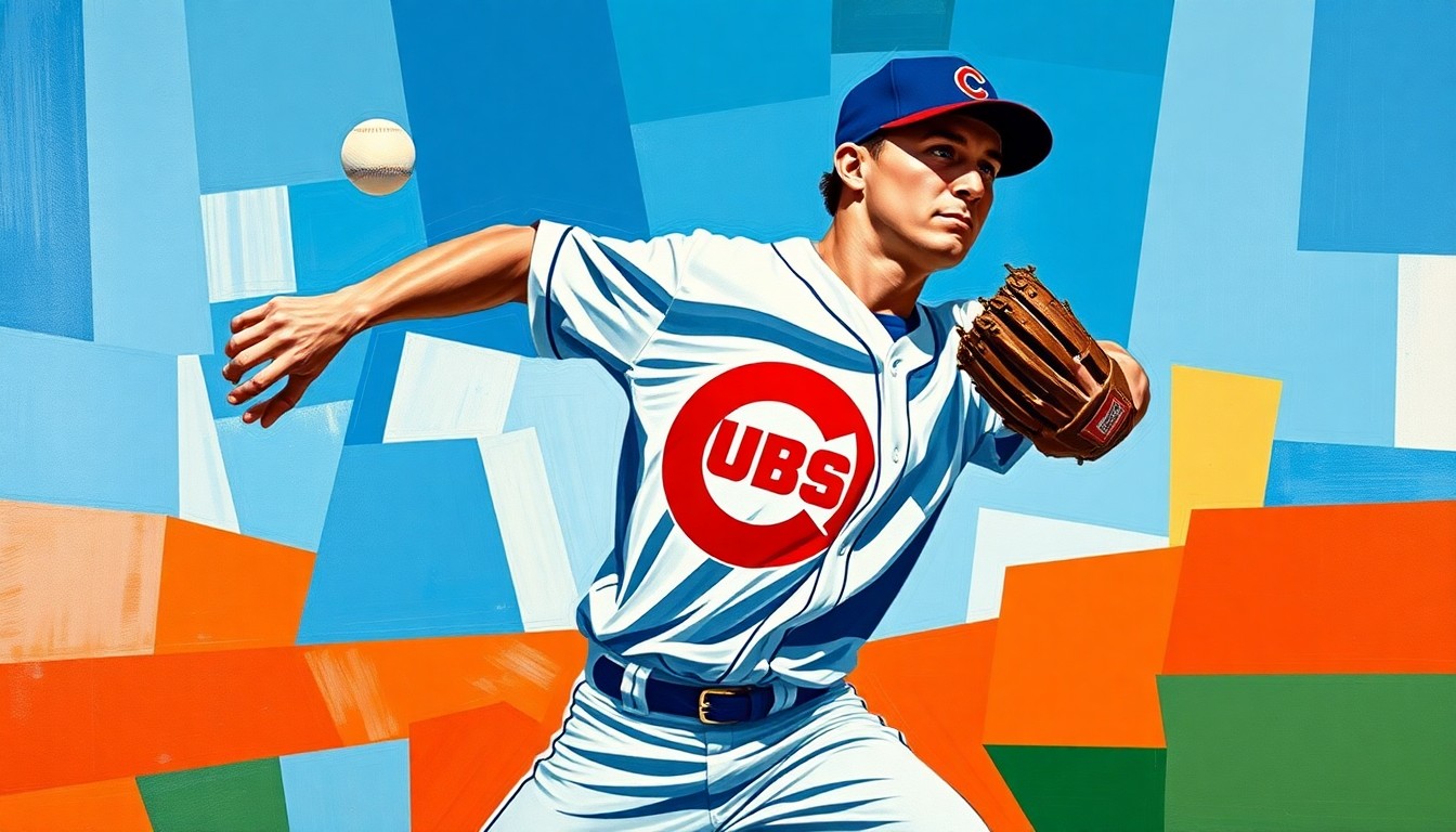 A cubist-style painting depicting a baseball pitcher's throwing motion broken down into overlapping geometric shapes and planes, using the vibrant colors of the Chicago Cubs' uniform.