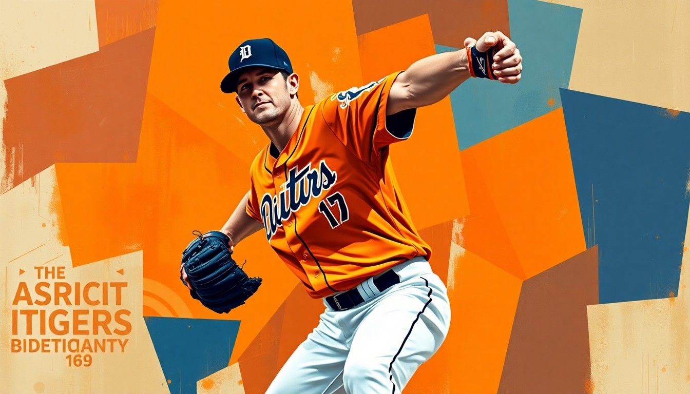 A cubist, geometric painting depicting a baseball pitcher's windup and delivery motion, with sharp, overlapping planes in the vibrant colors of the Detroit Tigers' uniform.