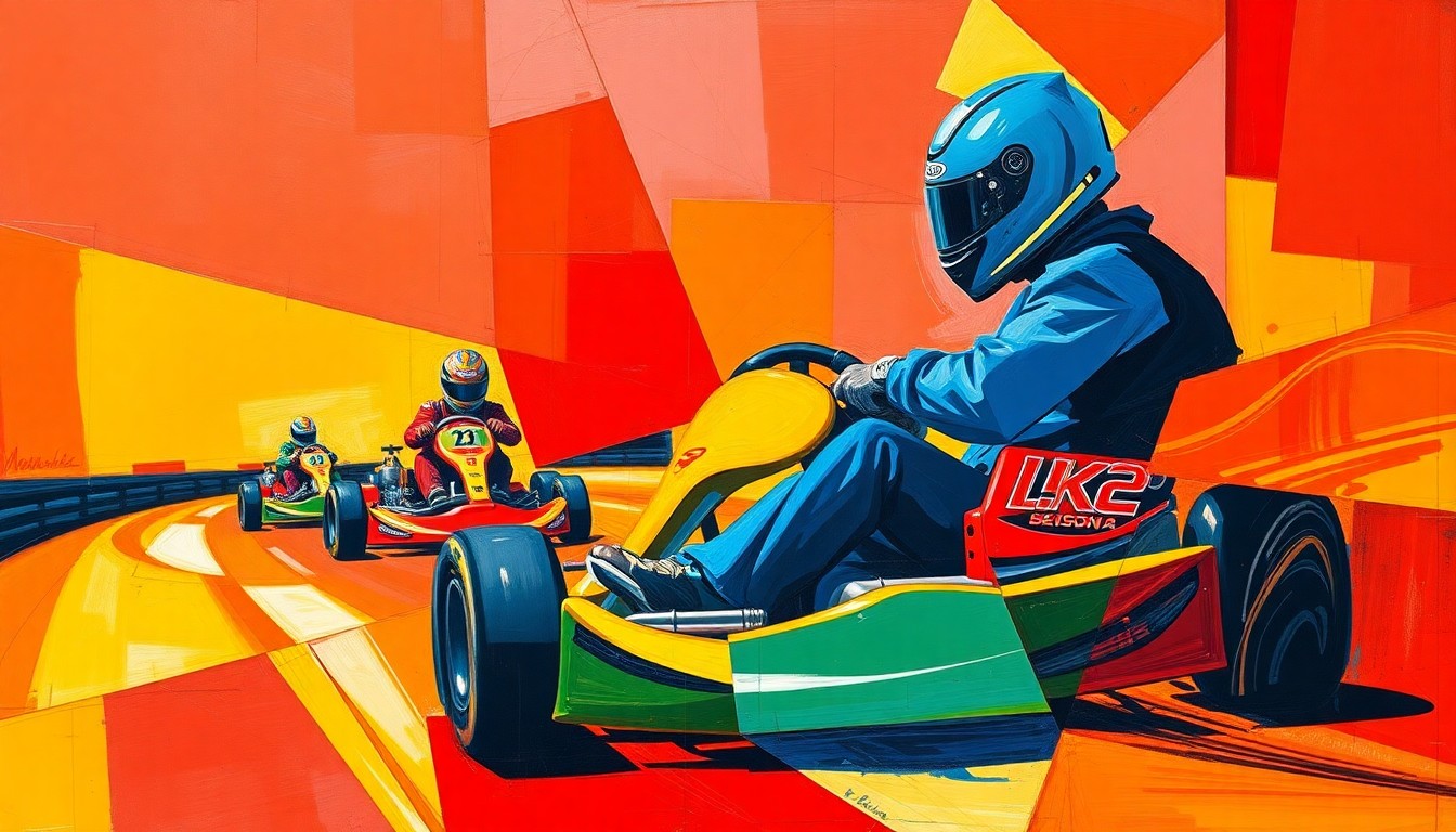 A cubist-style painting depicting a go-kart race, with the vehicle and track broken down into sharp, overlapping geometric shapes in a vibrant color palette of red, blue, and yellow.
