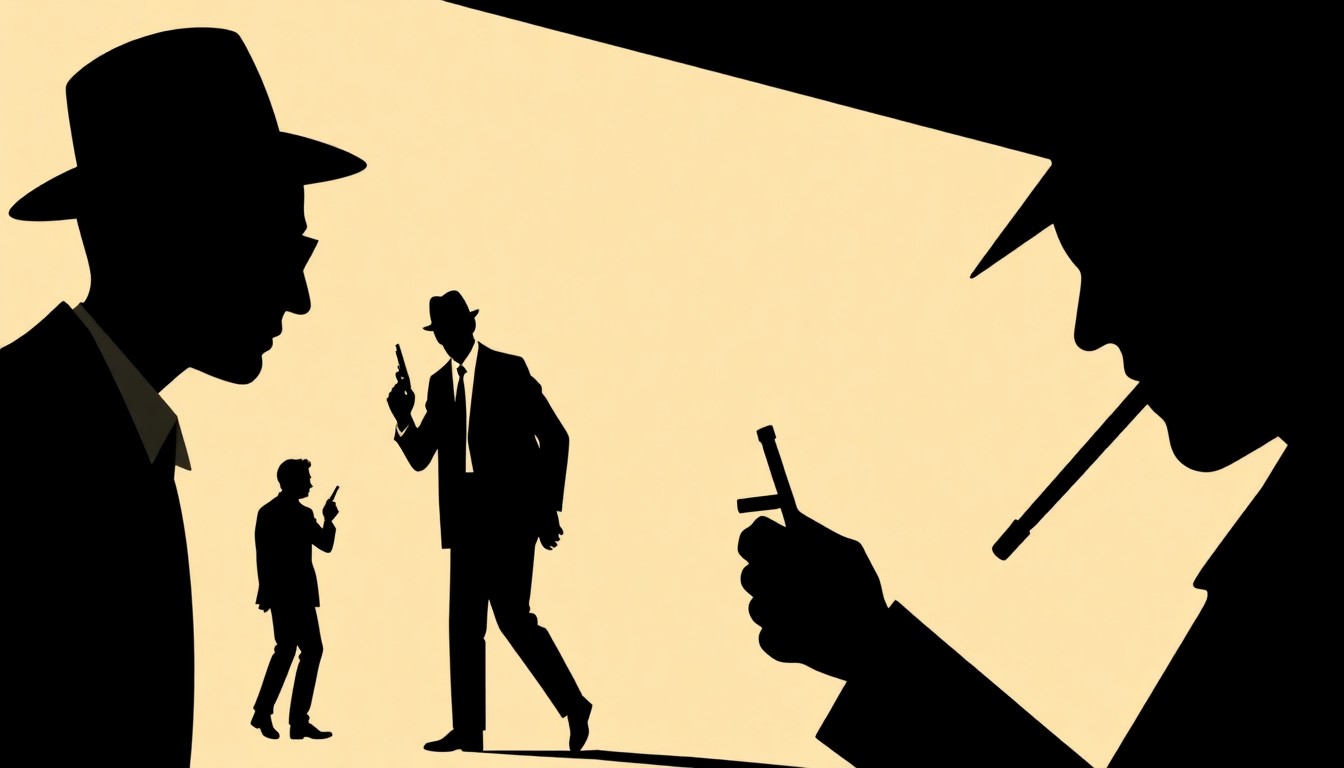 An abstract, minimalist illustration featuring sharp, geometric shapes and bold black silhouettes, conceptually representing the new private eye comedy pilot.