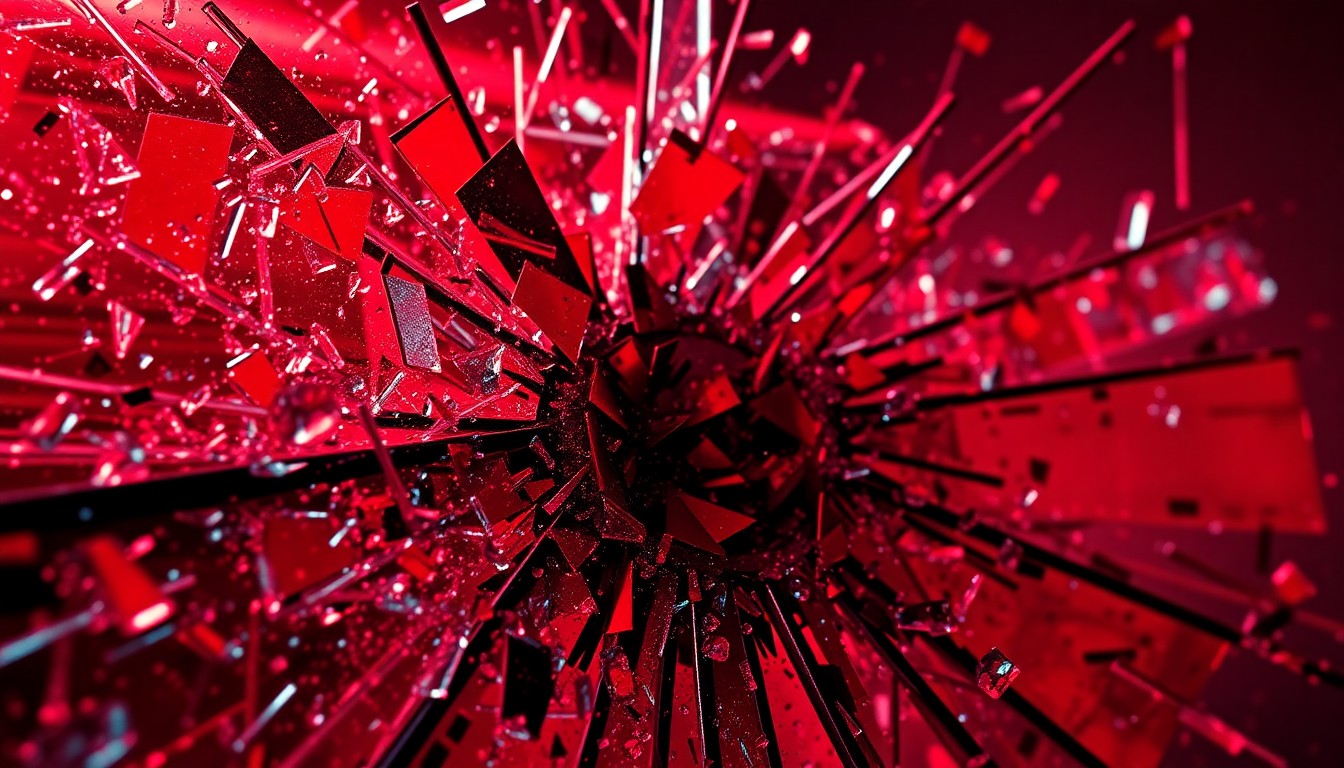 An extreme close-up of shattered glass and twisted metal in a dramatic, high-contrast composition, conceptually representing the chaotic energy and visceral intensity of the 'Ambulance' film.