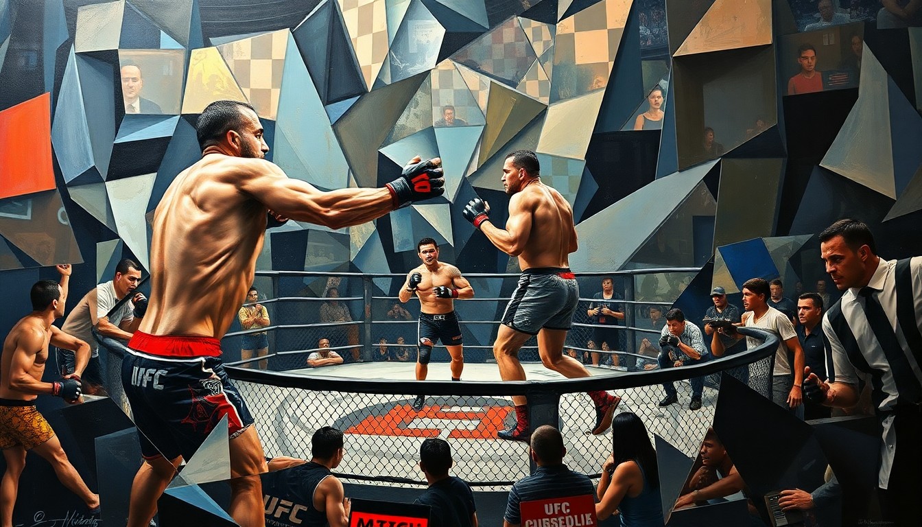 A cubist, geometric painting depicting a UFC fight scene, with the fighters' bodies and the octagon broken down into abstract shapes and planes, conveying a sense of raw energy and intensity.