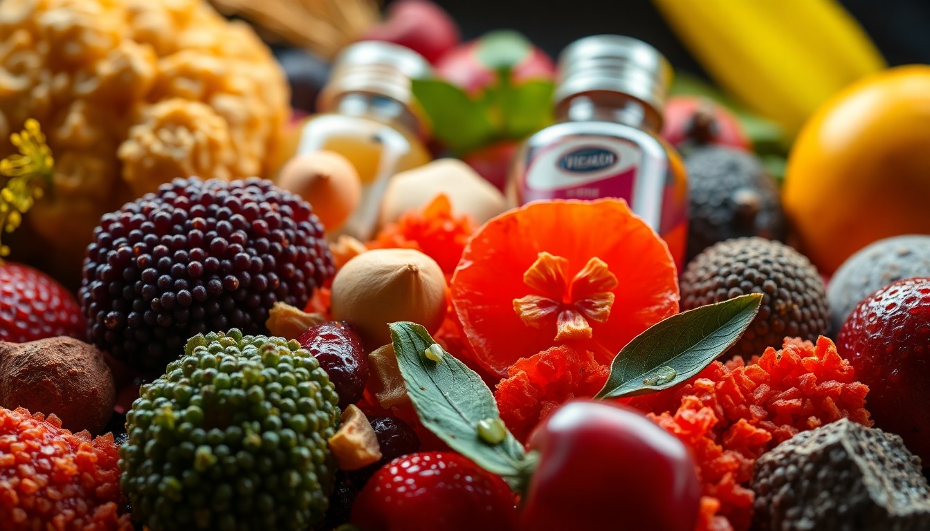 An extreme close-up of richly textured organic fruits and vegetables, herbs, and homeopathic products, conceptually representing the joyful community spirit of a local grocery store anniversary celebration.