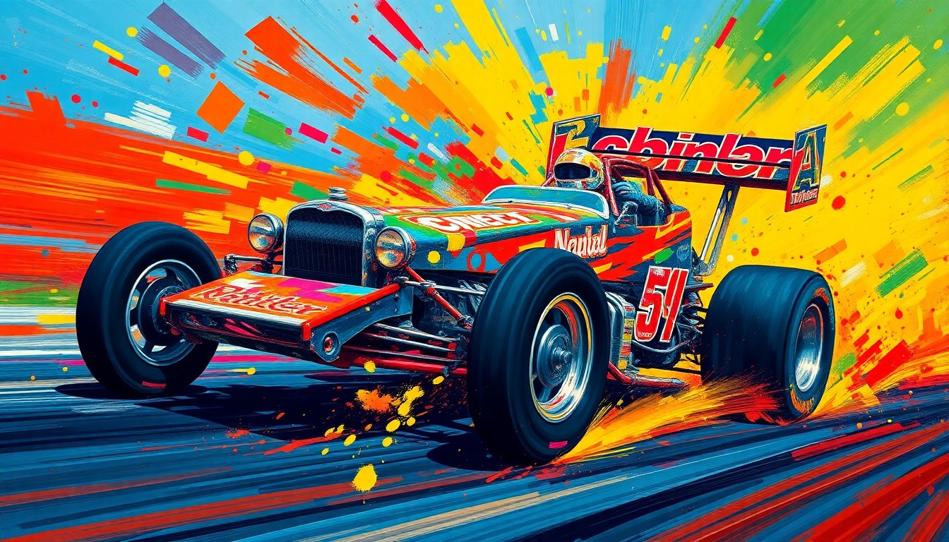 An abstract, expressionist painting in vibrant neon colors depicting the dynamic movement and energy of a sprint car race, with the car's details blending into the energetic brushstrokes.
