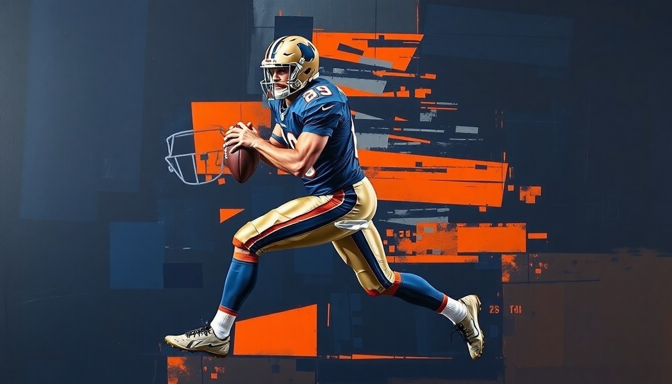 A fractured, cubist-style painting depicting a football player in mid-stride, with the player's body and movement deconstructed into sharp, overlapping geometric planes in a palette of navy blue, burnt orange, and metallic silver, conceptually representing the strategic acquisition of a dynamic offensive weapon.