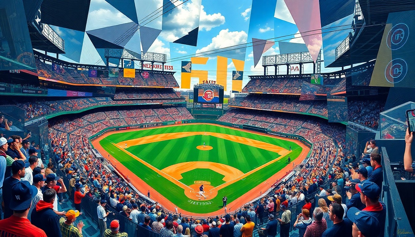 A fractured, geometric painting depicting the chaotic events of the Giants-Cubs spring training game, including a fire alarm, a triple play, and players and fans in a state of bewilderment.