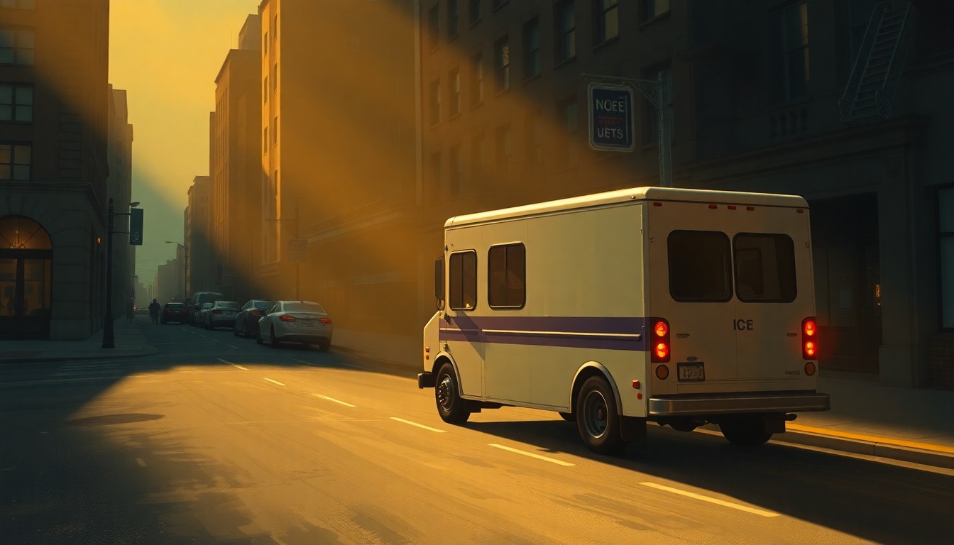 A realistic painting of an ICE vehicle parked on a city street, with warm sunlight and deep shadows creating a cinematic, nostalgic mood, capturing the complex emotions and tensions surrounding the immigration policy debate.