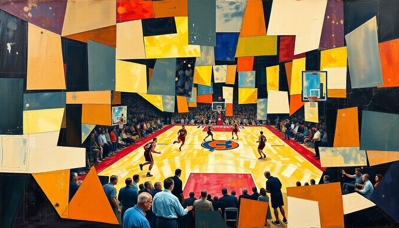 A cubist-style painting depicting a basketball game broken down into sharp, overlapping geometric shapes and planes, conveying the dynamic energy and competitive spirit of the Mavericks-Pacers matchup.