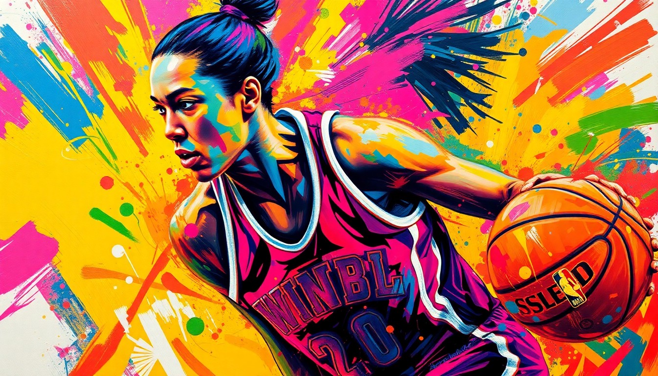 An abstract, expressionist painting in vibrant neon colors depicting the dynamic movement and energy of a WNBA player, with their face and jersey details obscured by the bold, energetic brushstrokes.