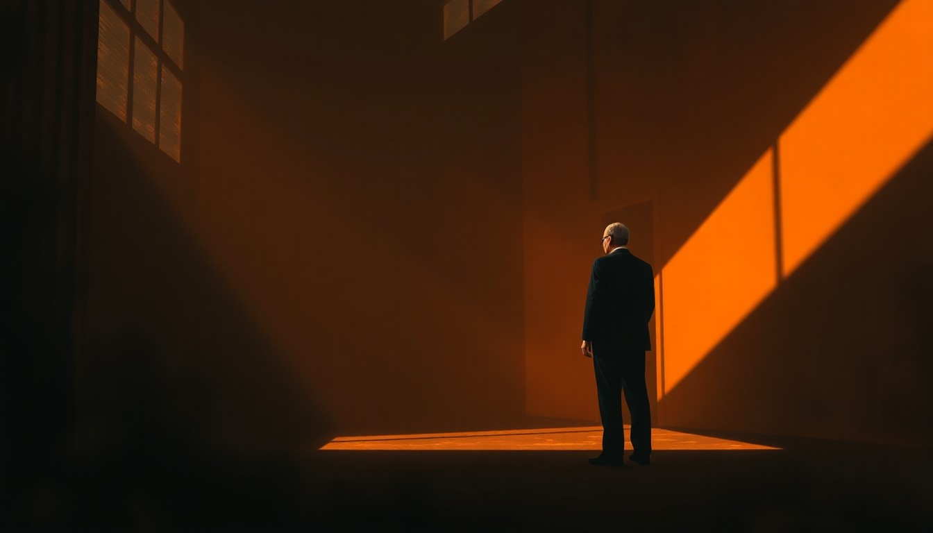 A solitary figure stands alone in a dimly lit urban setting, the warm glow of sunlight casting deep shadows across the scene, conveying a sense of contemplation and the weight of public responsibility.