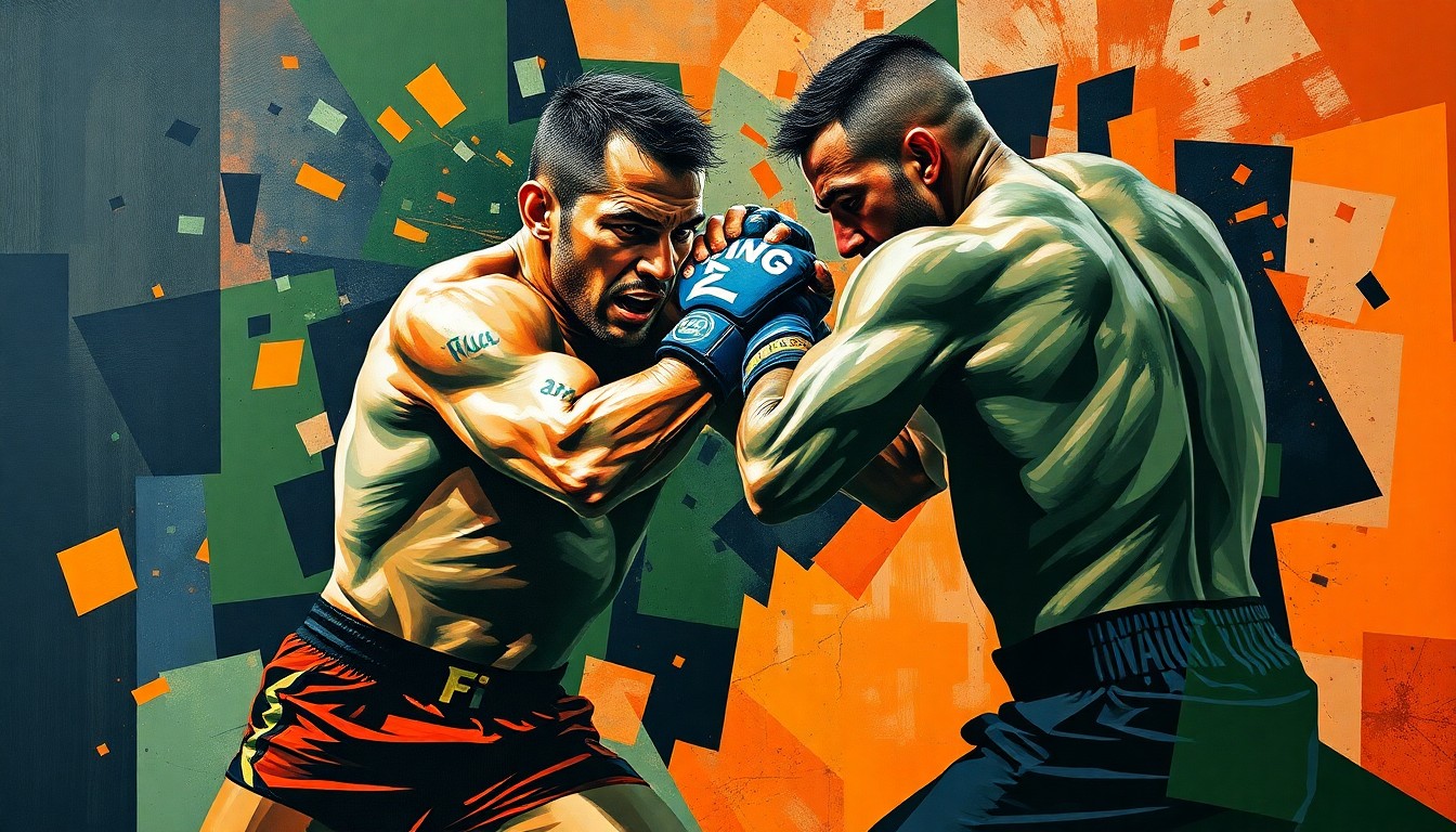 A fractured, cubist-style painting depicting the explosive movements and powerful strikes of a heavyweight MMA fighter, with sharp, overlapping geometric planes in deep navy, forest green, and burnt orange colors.