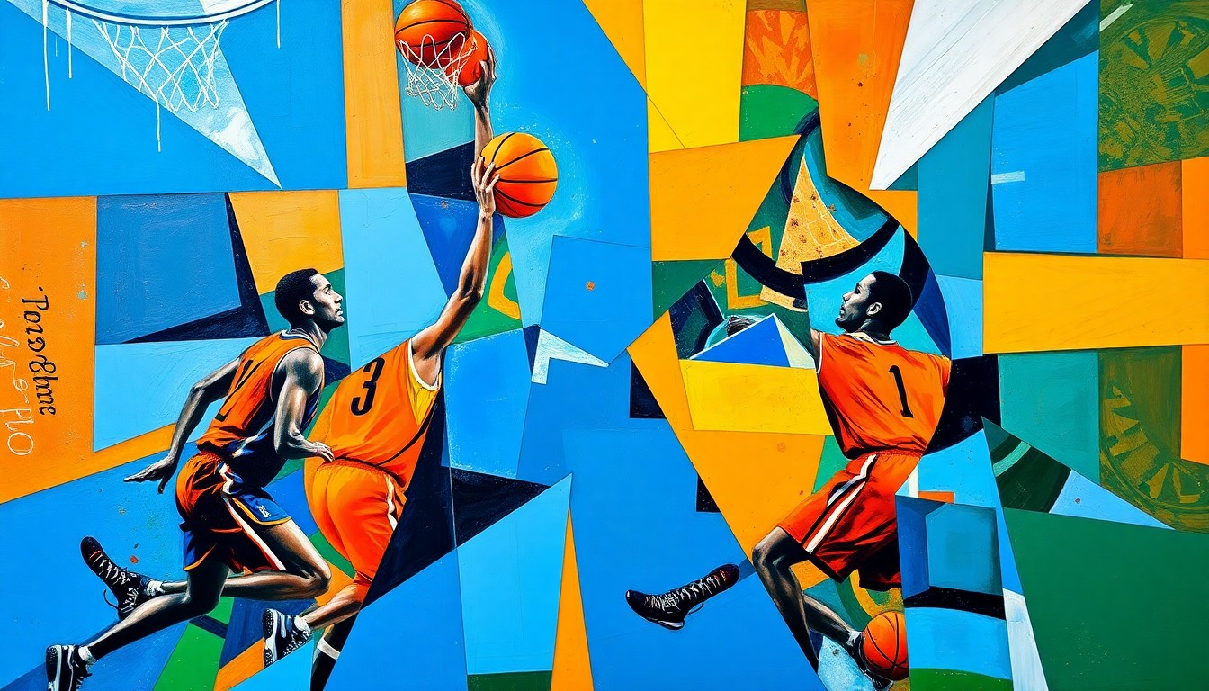 A fractured, geometric painting depicting the abstract forms of basketball players in motion, using vibrant blue, orange, and green shapes to capture the dynamic energy of the sport.